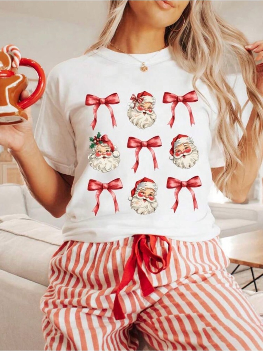 SHEIN White Tee with Santa Faces and Red Bows
